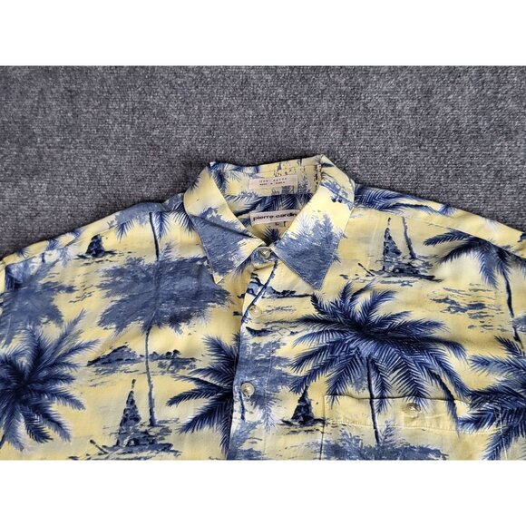 Pierre Cardin Button Up Shirt Men Sz L Yellow Blue Palm Trees Hawaiian Island - Picture 4 of 8